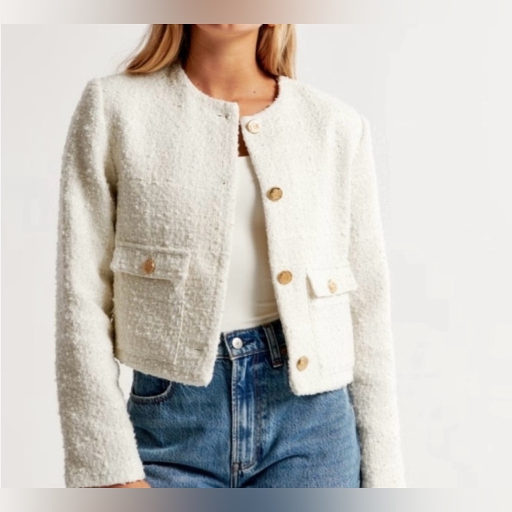 Abercrombie & Fitch Cream Tweed Cropped Blazer